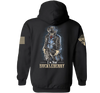Black hoodie with a graphic of a man in a hat and text on the back, on a white background.