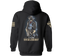 Black hoodie with a graphic of a man in a hat and text on the back, on a white background.